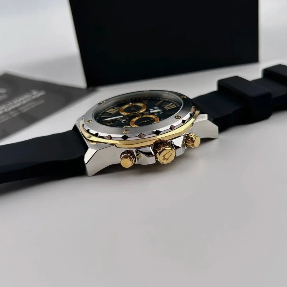 Bulova 44mm Black Rubber Strap Gold Accent Watch